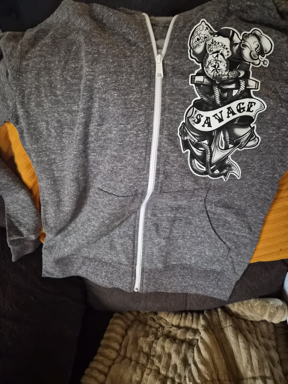 Savage "Popeye"  Graphic Zip-Up Hoodie - Gray